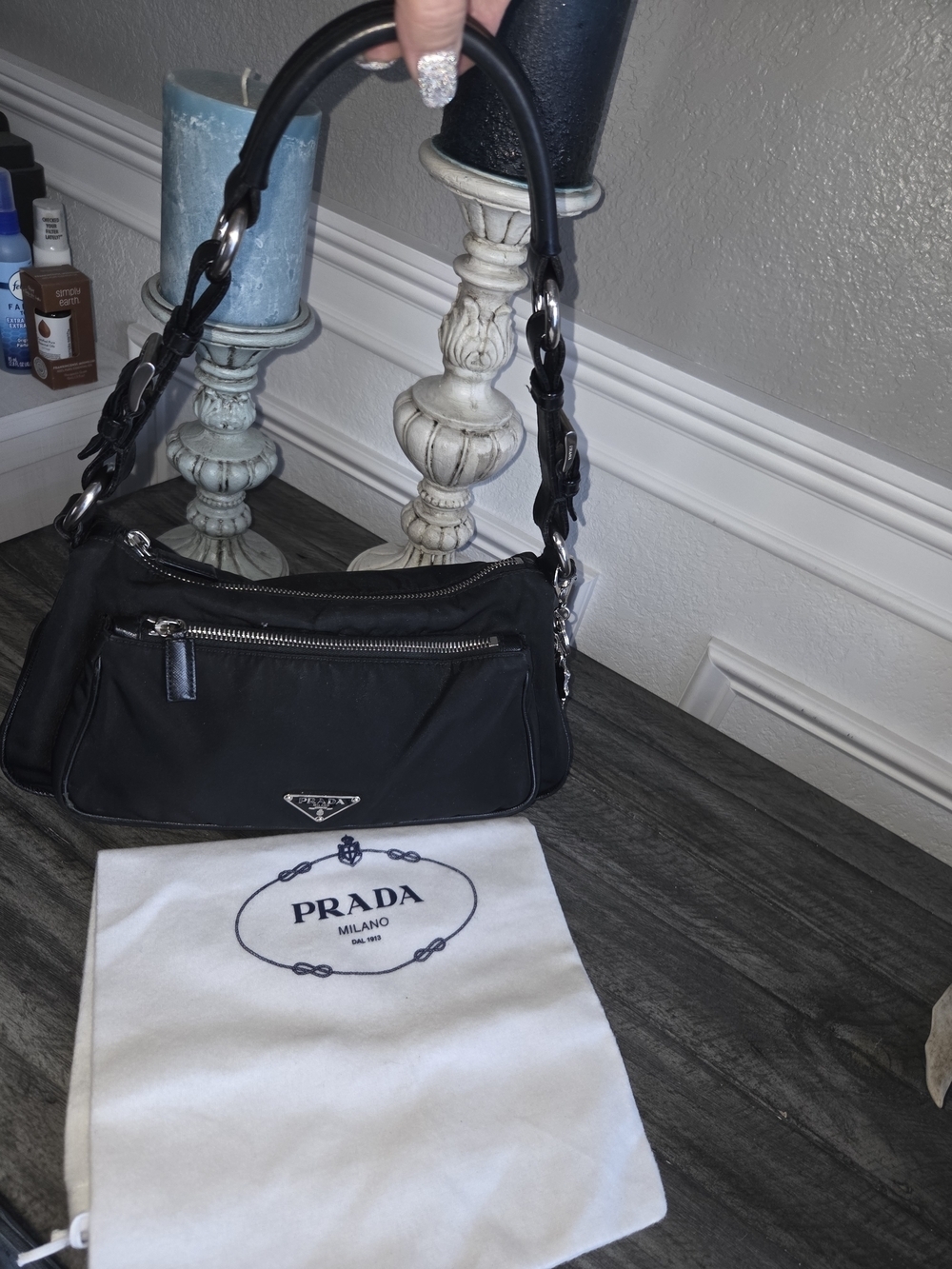Prada Black Nylon Shoulder Bag with Chain-Link Strap